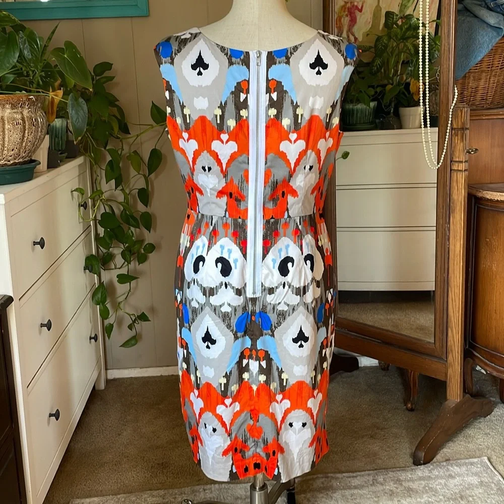 Maggy London Blue & Orange Geometric Print Sleeveless Women's Sheath Dress Sz 14 - Picture 3 of 11